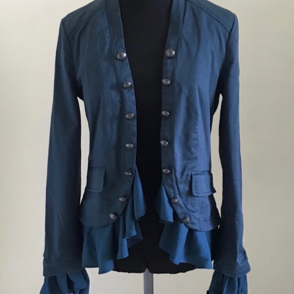 Free People Teal Blue Ruffled Military Jacket